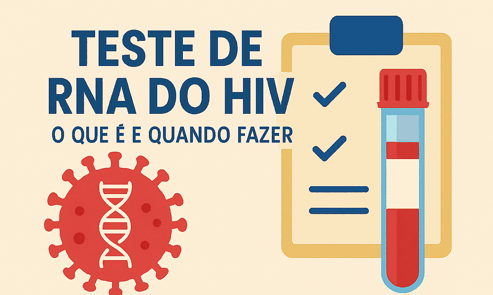 “Página de artigo com o título ‘Teste de DNA do HIV: o que é, quando fazer e como funciona’. A imagem principal mostra um kit de teste com a inscrição ‘TESTE DE DNA DO HIV’, ao lado de um desenho de vírus e uma checklist. A página inclui texto explicativo, imagens médicas e uma ilustração de personagem com expressão surpresa.”