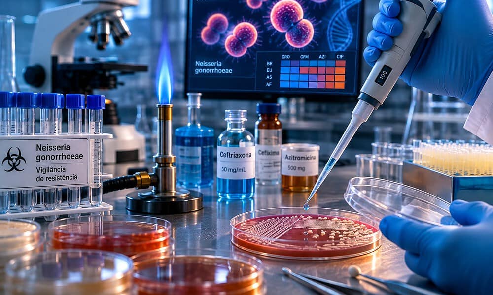 Laboratório de microbiologia com pipeta, placas de cultura, tubos de ensaio e teste de resistência da Neisseria gonorrhoeae a antibióticos.