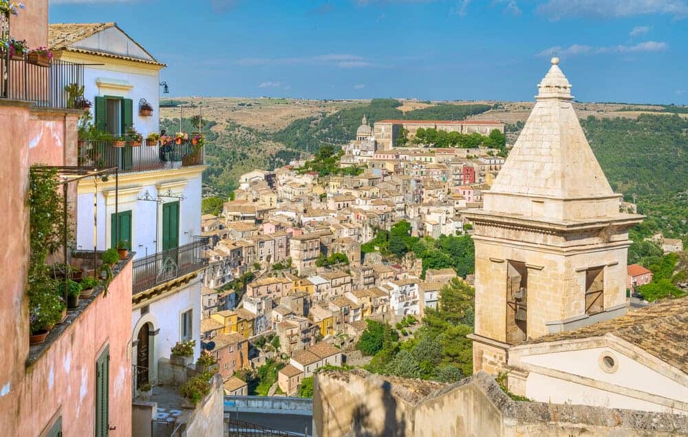 Panoramic view of Ragusa Ibla with the Church of Santa Maria alle Scale baroque town in Sicily (Sicilia), southern Italy
