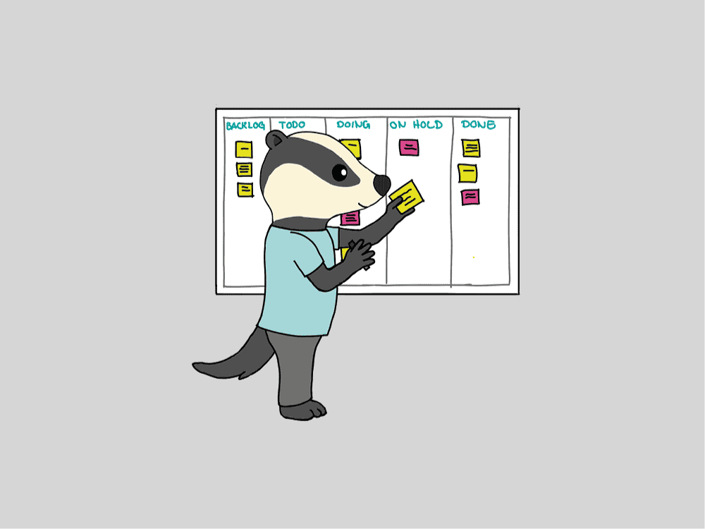 Illustration: Dachs vor Kanban Board