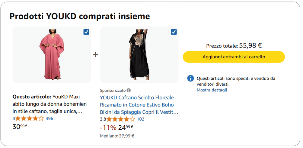✅ amazon.it: Questa pagina prodotto di Amazon, per un vestito, non utilizzava una tabella di confronto. Offriva invece un modo rapido per aggiungere un vestito simile all'ordine. ✅ amazon.it: Questa pagina prodotto di Amazon, per un vestito, non utilizzava una tabella di confronto. Offriva invece un modo rapido per aggiungere un vestito simile all'ordine.