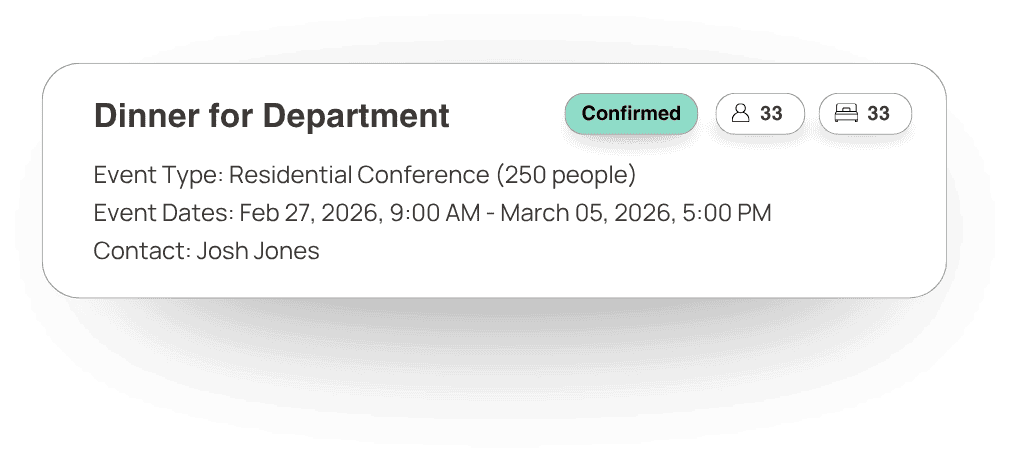 KxConferencing event details: Dinner for Department, residential conference booking with confirmed attendee count.