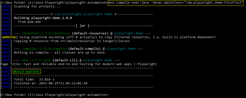 Running Playwright Java test from Command Prompt using Maven exec plugin