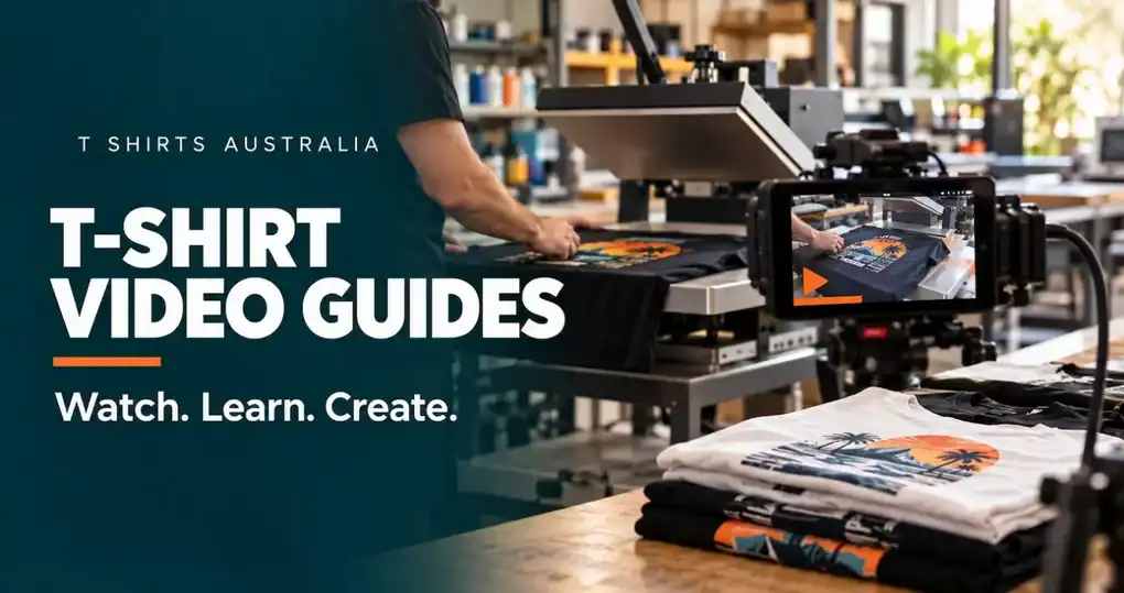 T-Shirt Video Guides banner showing a custom T-shirt being filmed in a printing workshop