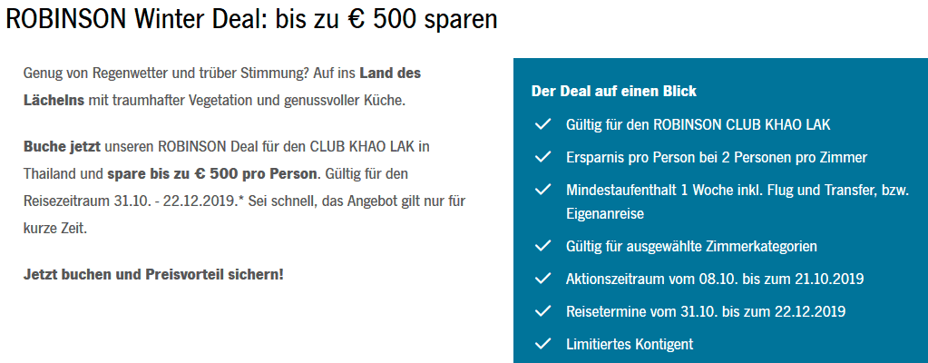 Screenshot Deal ROBINSON CLUB Khao Lak - 500,00€ sparen pro Person Thailand Screenshot Deal ROBINSON CLUB Khao Lak - 500,00€ sparen pro Person Thailand