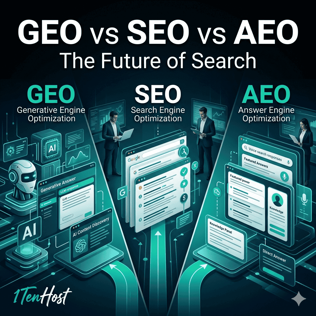 Discover the key differences between GEO, SEO, and AEO in 2026. Learn which strategy drives visibility in Google, AI search engines, and answer platforms.