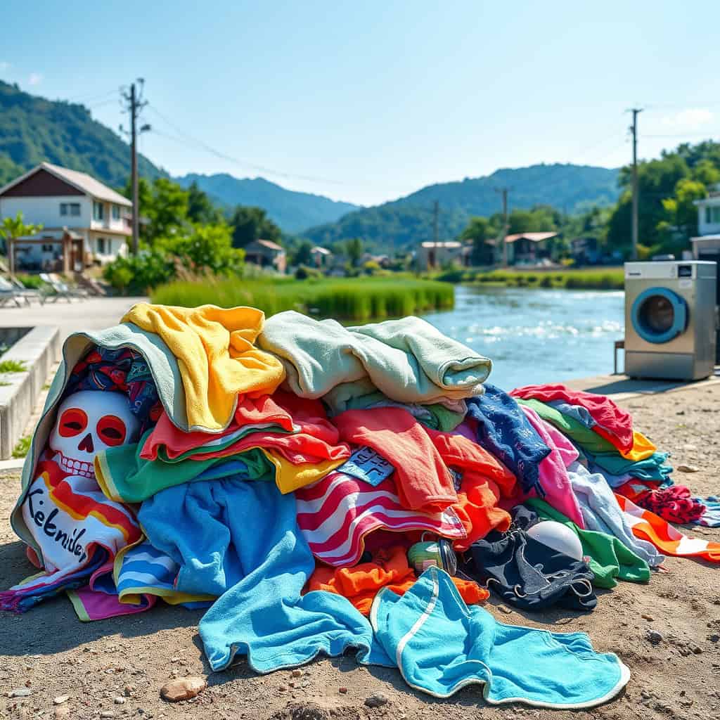 夏のプールや川遊び帰りの濡れた水着とタオルをコインランドリーで乾燥させる様子