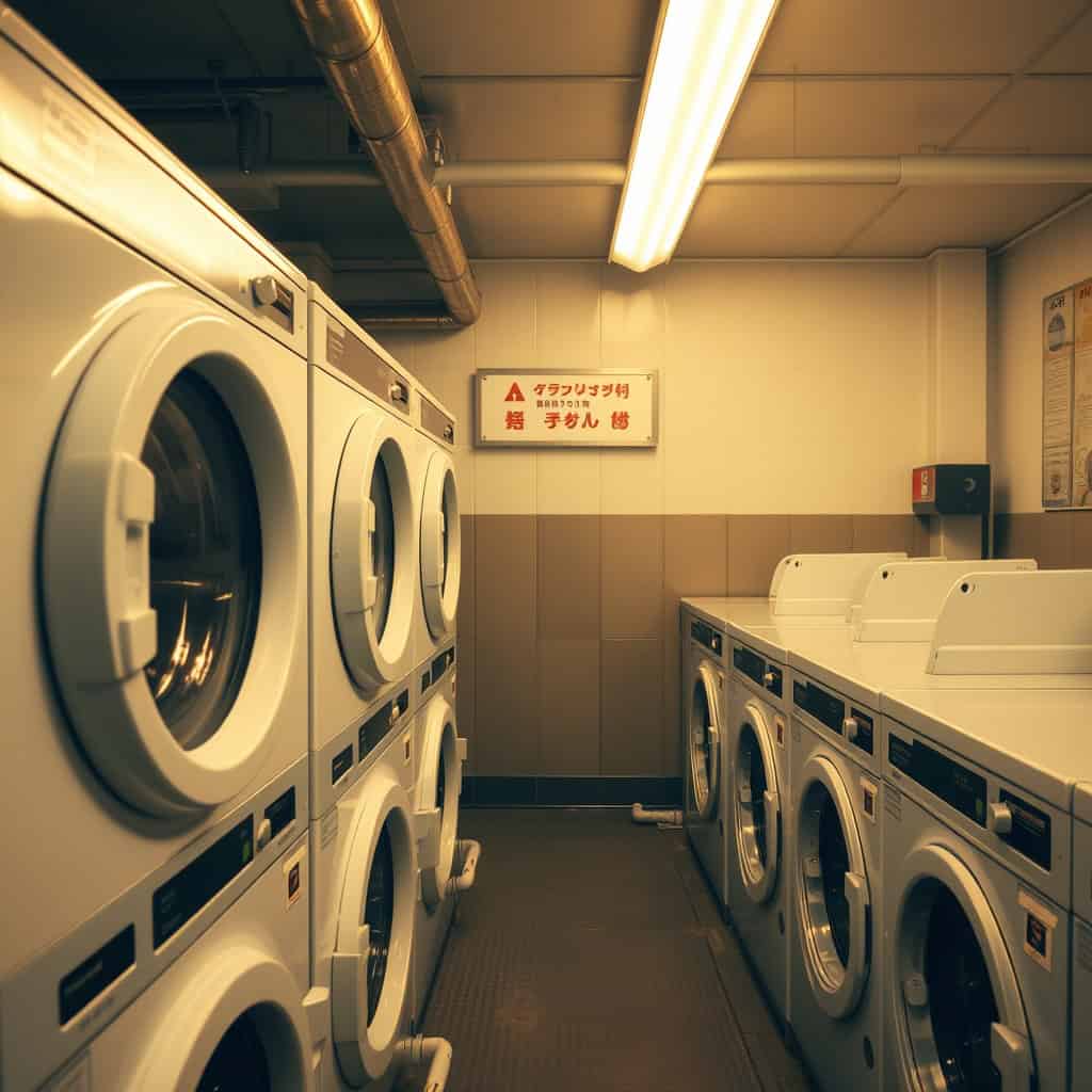 牧之原市のコインランドリーで冬の洗濯物を乾燥機にかける風景