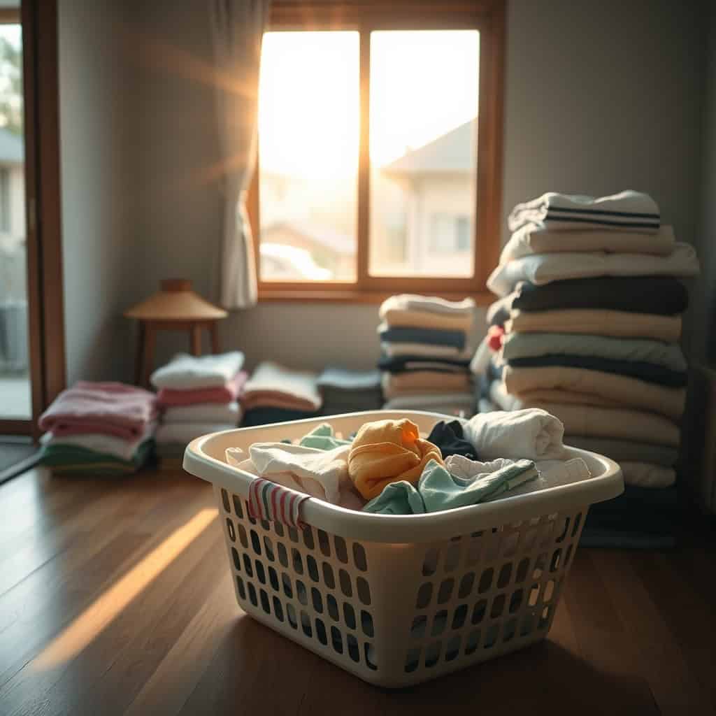 整理された洗濯かごとたたんだ衣類、明るい朝の光