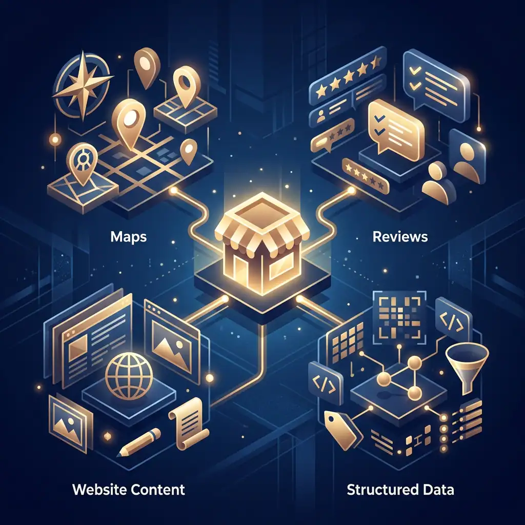 Infographic linking a storefront with Maps, Reviews, Website Content, and Structured Data