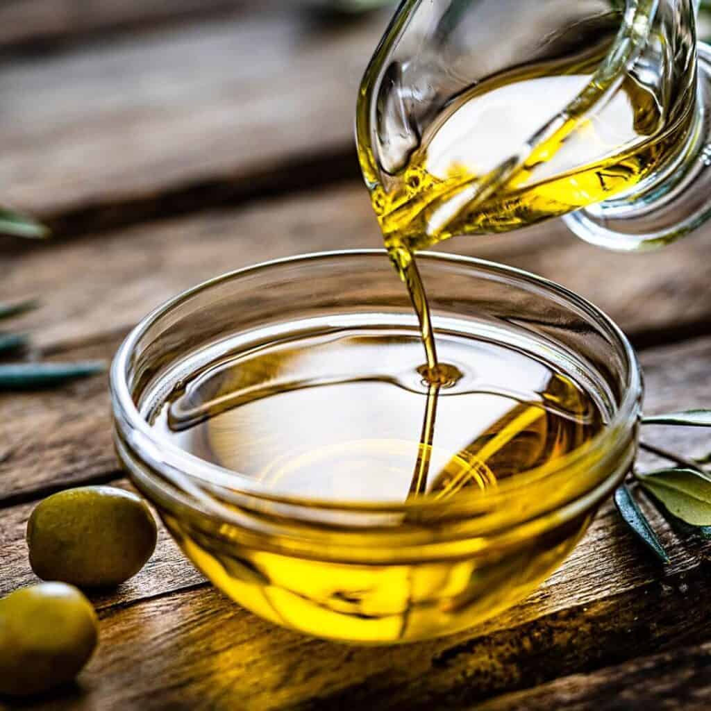 Tasty or Toxic? Can Cats Eat Olives Safely? 4 olive oil pouring out of a pitcher into a bowl that has an olive branch and two green olives beside it