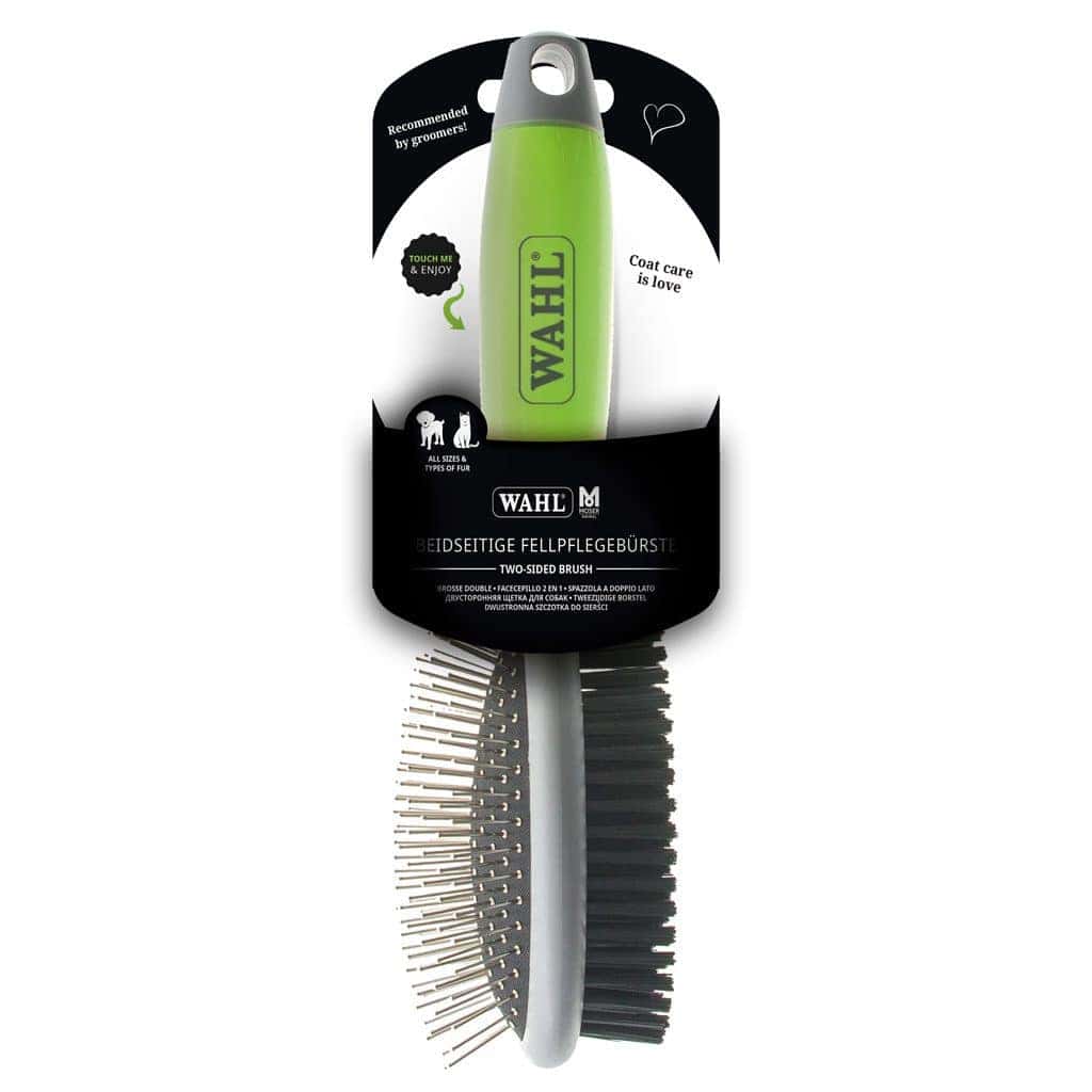 Duo-sided pet care brush voor honden en katten, ideaal voor vachtverzorging en gewin.