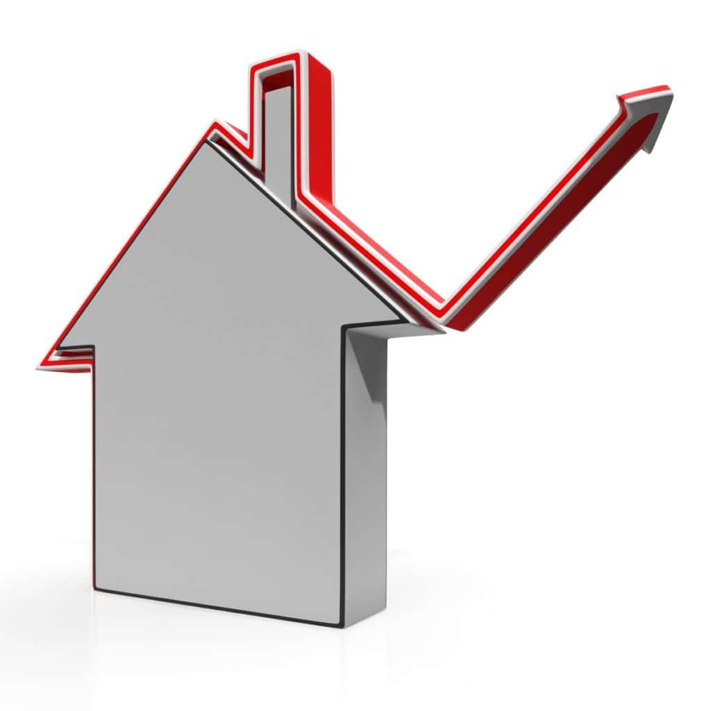 3D gray house icon with a red arrow curving upward from the roof against a white background.