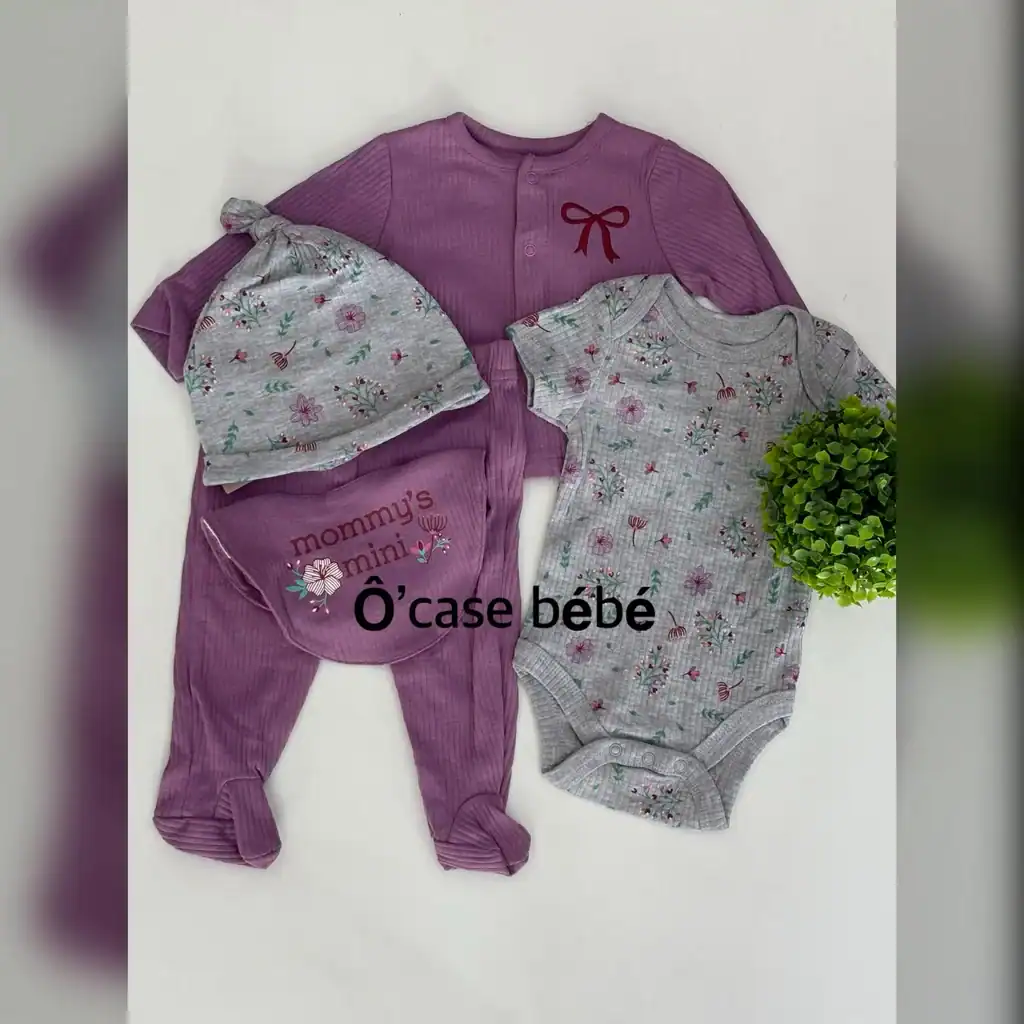 Ensemble 4pcs Quiltex naissance : body, pantalon, bonnet, moufles coton doux bébé
