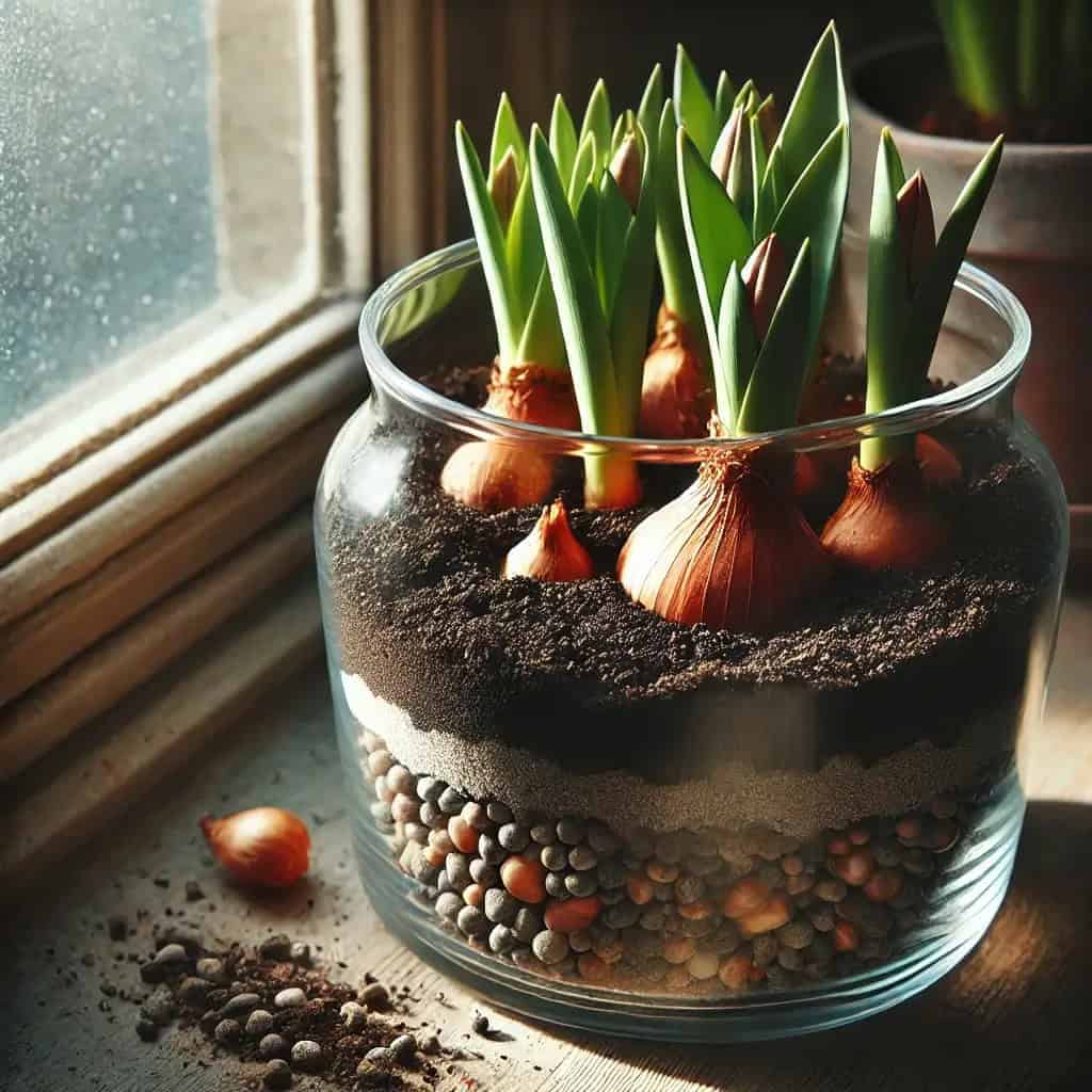 create image of Tulip Bulbs In earth with a gravel layer at the bottom of a deep vase on windowsill.