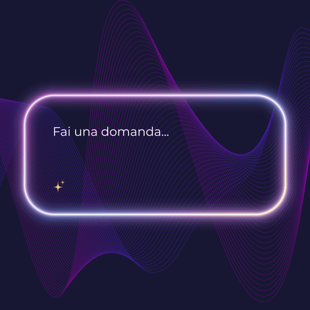 Grafica che simula una chat con assistente virtuale, mostrando il messaggio “Fai una domanda” per invitare l’utente a interagire.