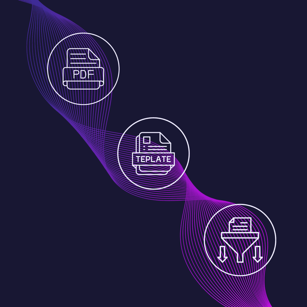 Grafica che mostra una soluzione Systema che gestisce file PDF, crea template e estrae informazioni dai documenti.