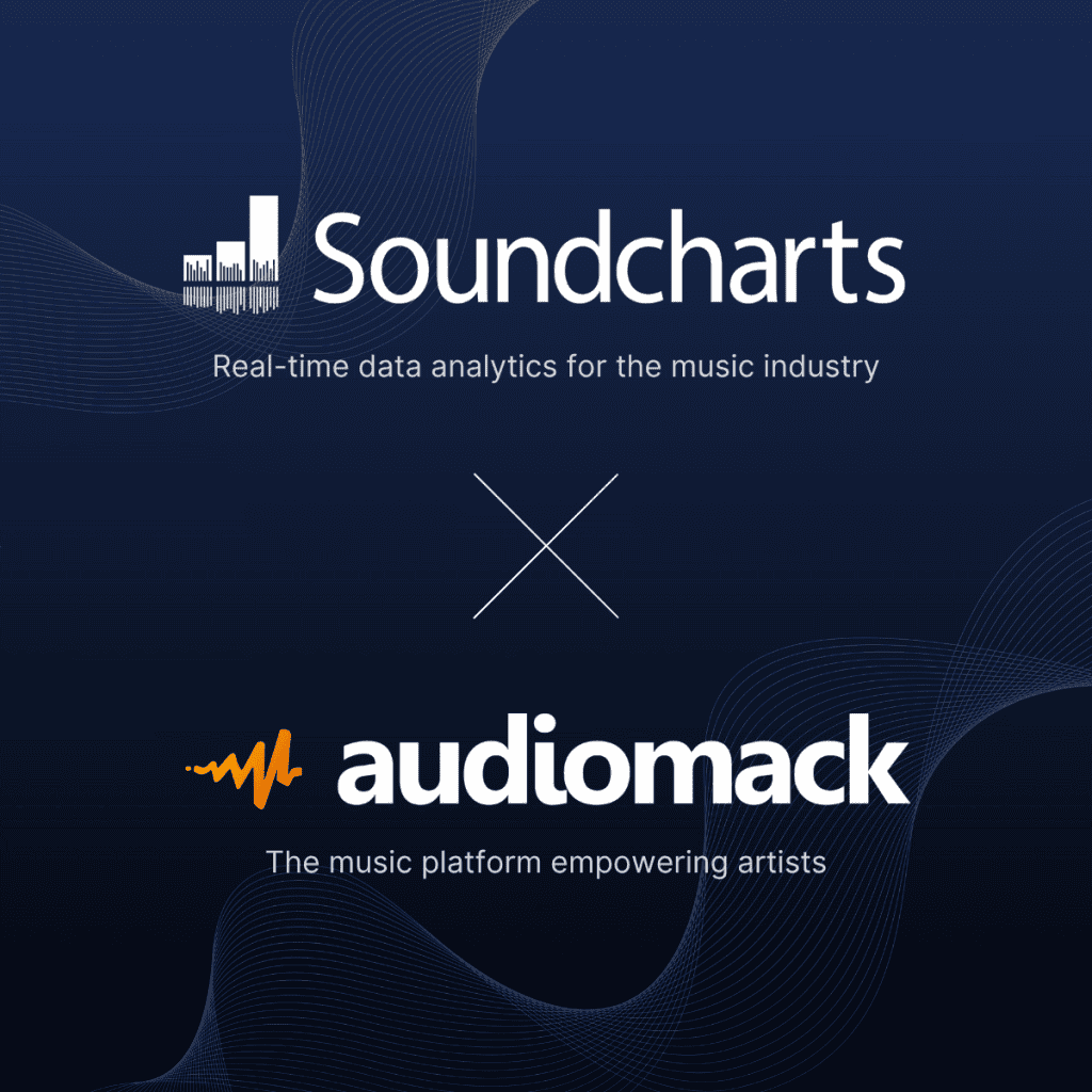 Analyzing real-time music industry data with Soundcharts and Audiomack logos for music analytics and artist empowerment.