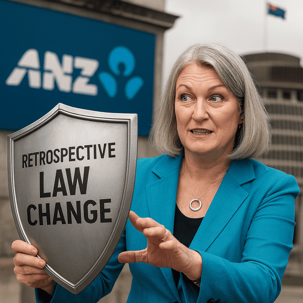 NZ law - ANZ bank class action retrospective legislation + LawFuel. Image: ChatGPT
