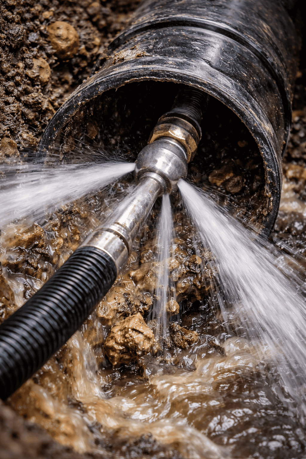 high pressure flushing in action, showing water jets spraying out of a tube about to enter a pipe