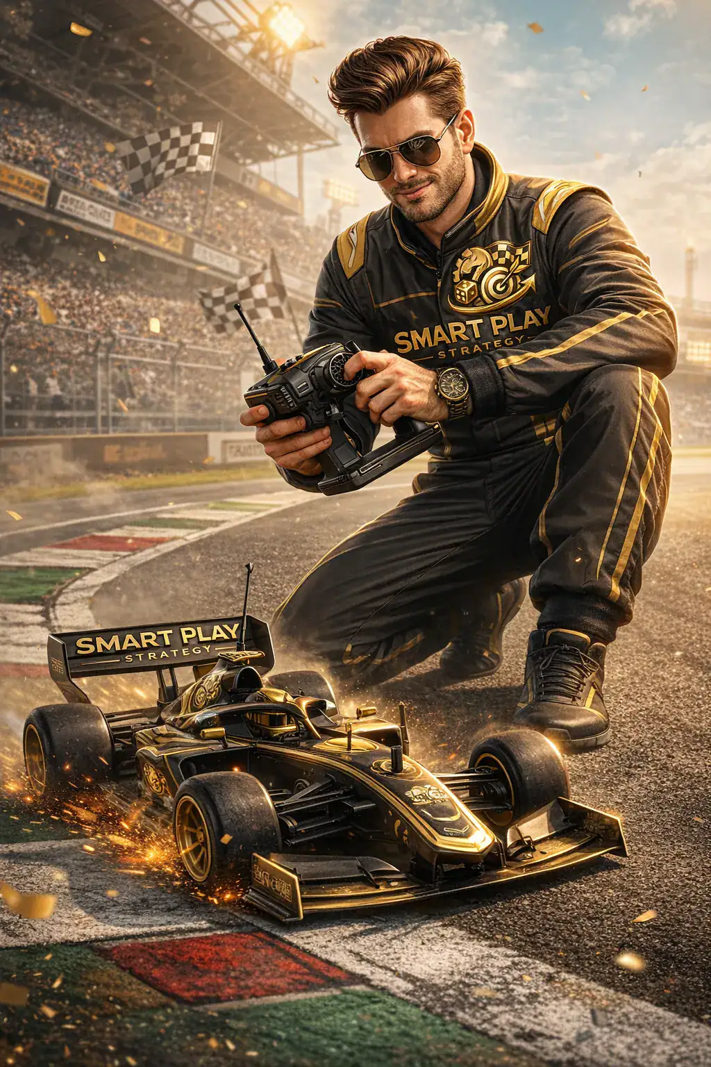 Facilitador con control remoto y un auto de carreras con la marca Smart Play
