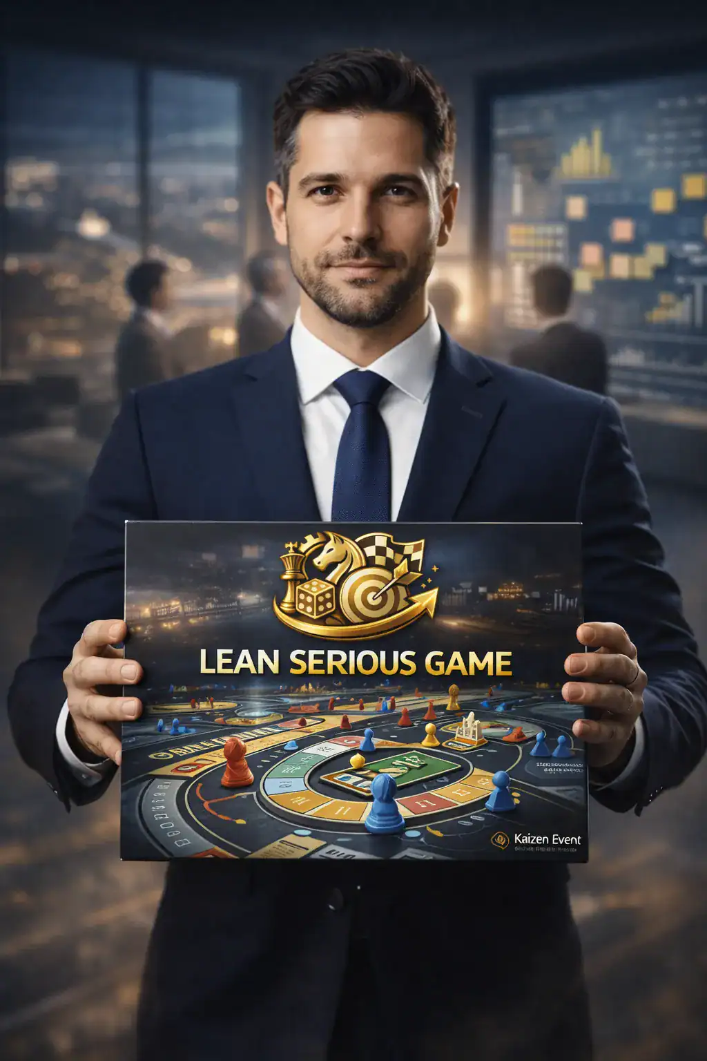 Líder sosteniendo la caja del Lean Serious Game