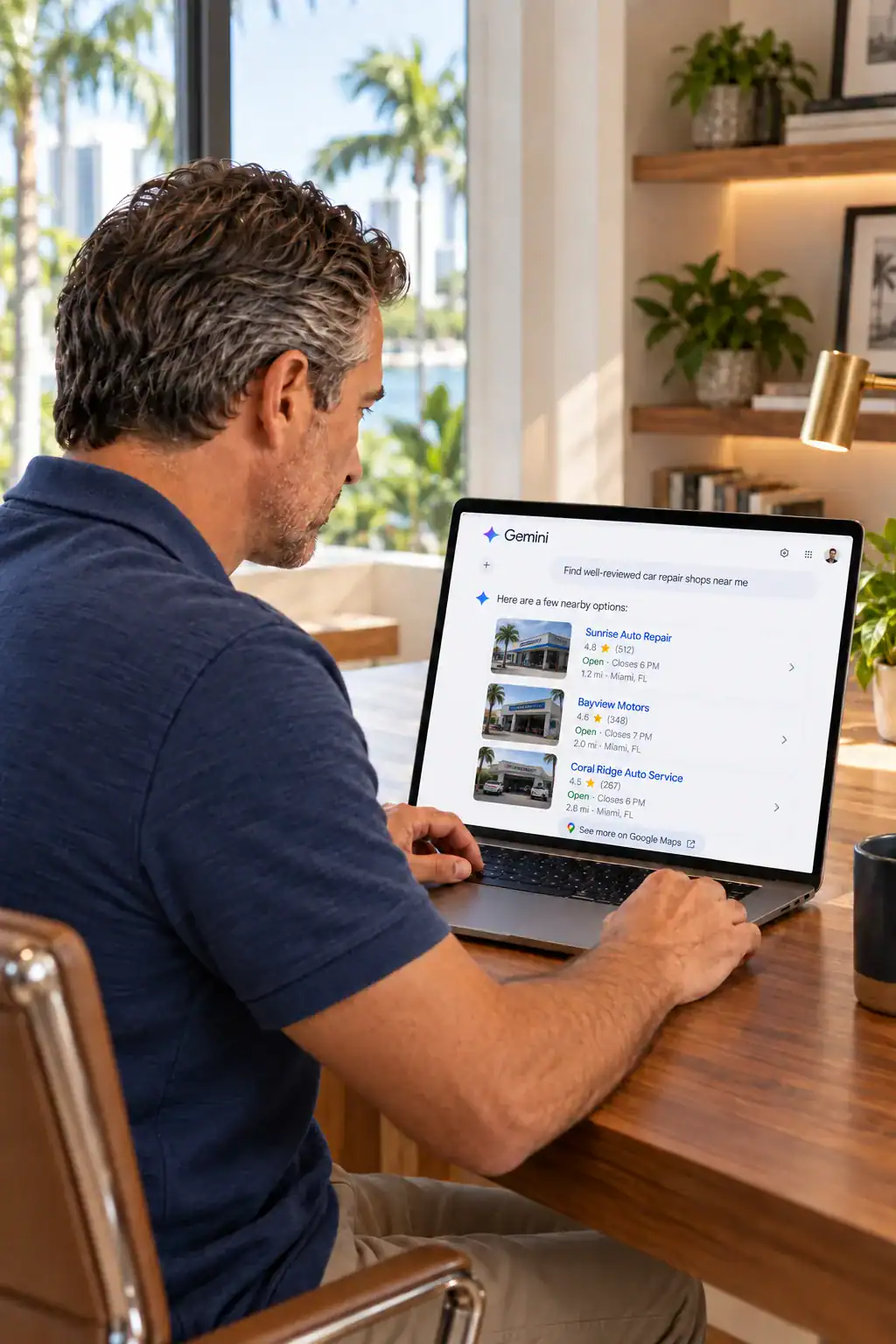Business owner using Google Gemini at home to find nearby car repair shops