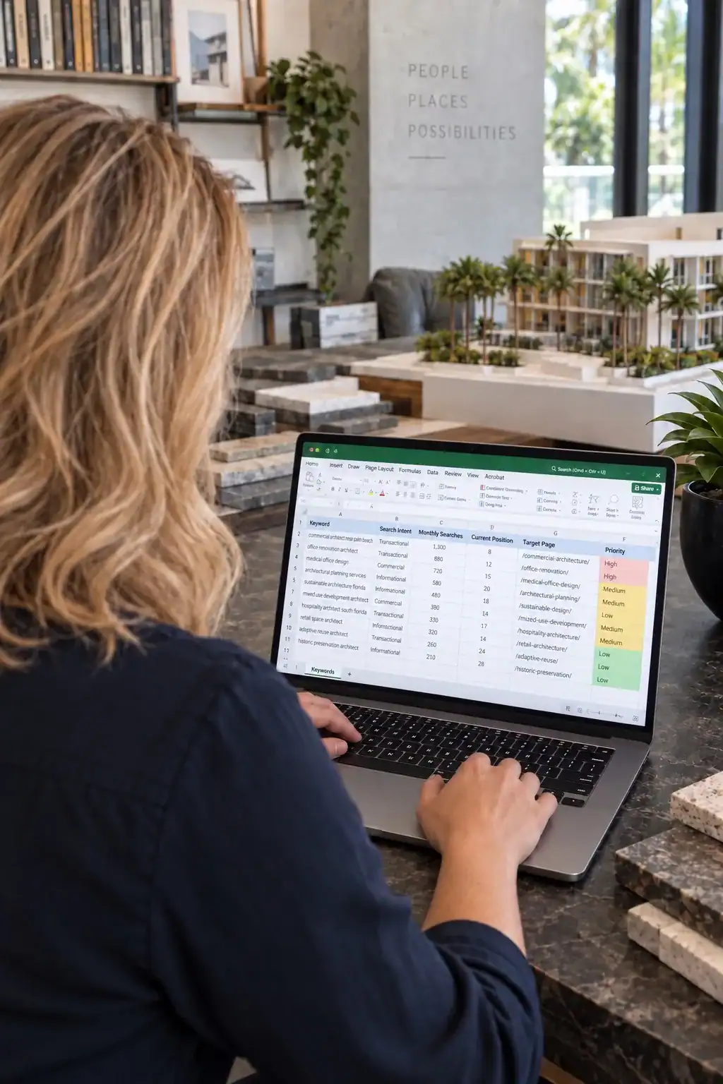 SoFloWeb owner reviewing search intent, keyword opportunities and target pages in an SEO strategy spreadsheet