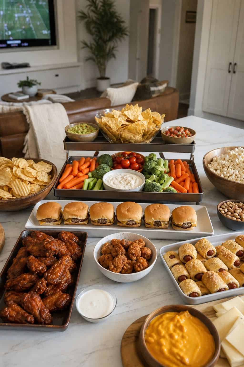 Create a snack stadium shown as a realistic Pretty Wild World image for 16 Super Bowl Home Decor Ideas for a Stylish Game-Day Setup.