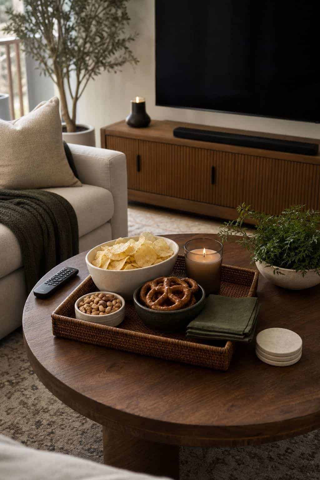 Style the coffee table shown as a realistic Pretty Wild World image for 16 Super Bowl Home Decor Ideas for a Stylish Game-Day Setup.
