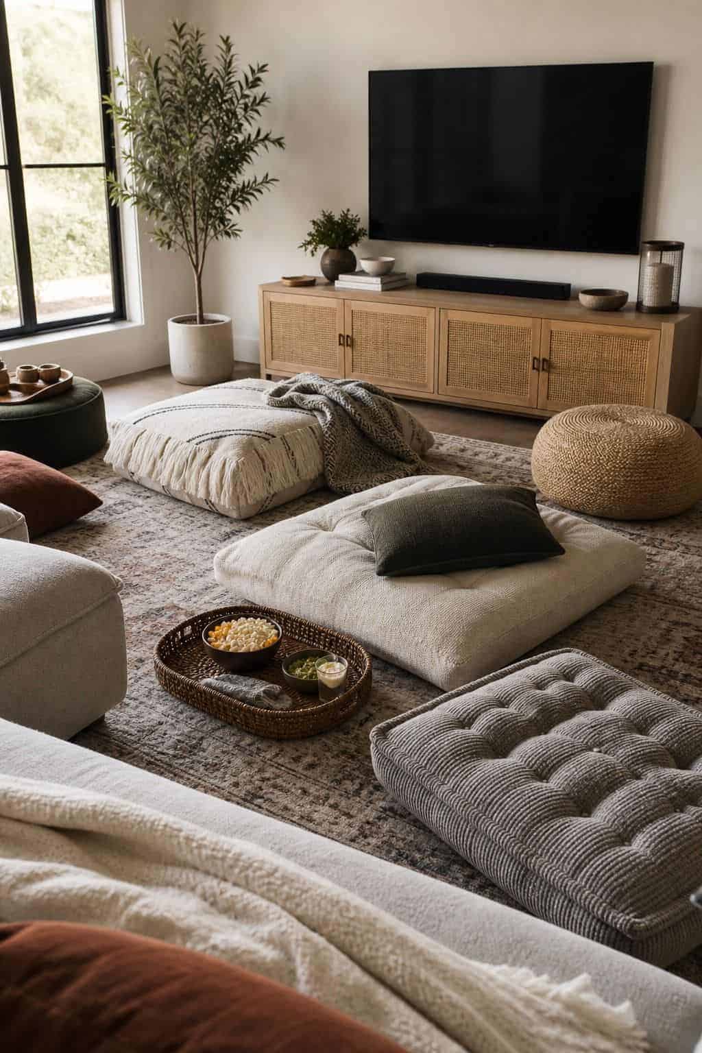 Add extra floor seating shown as a realistic Pretty Wild World image for 16 Super Bowl Home Decor Ideas for a Stylish Game-Day Setup.