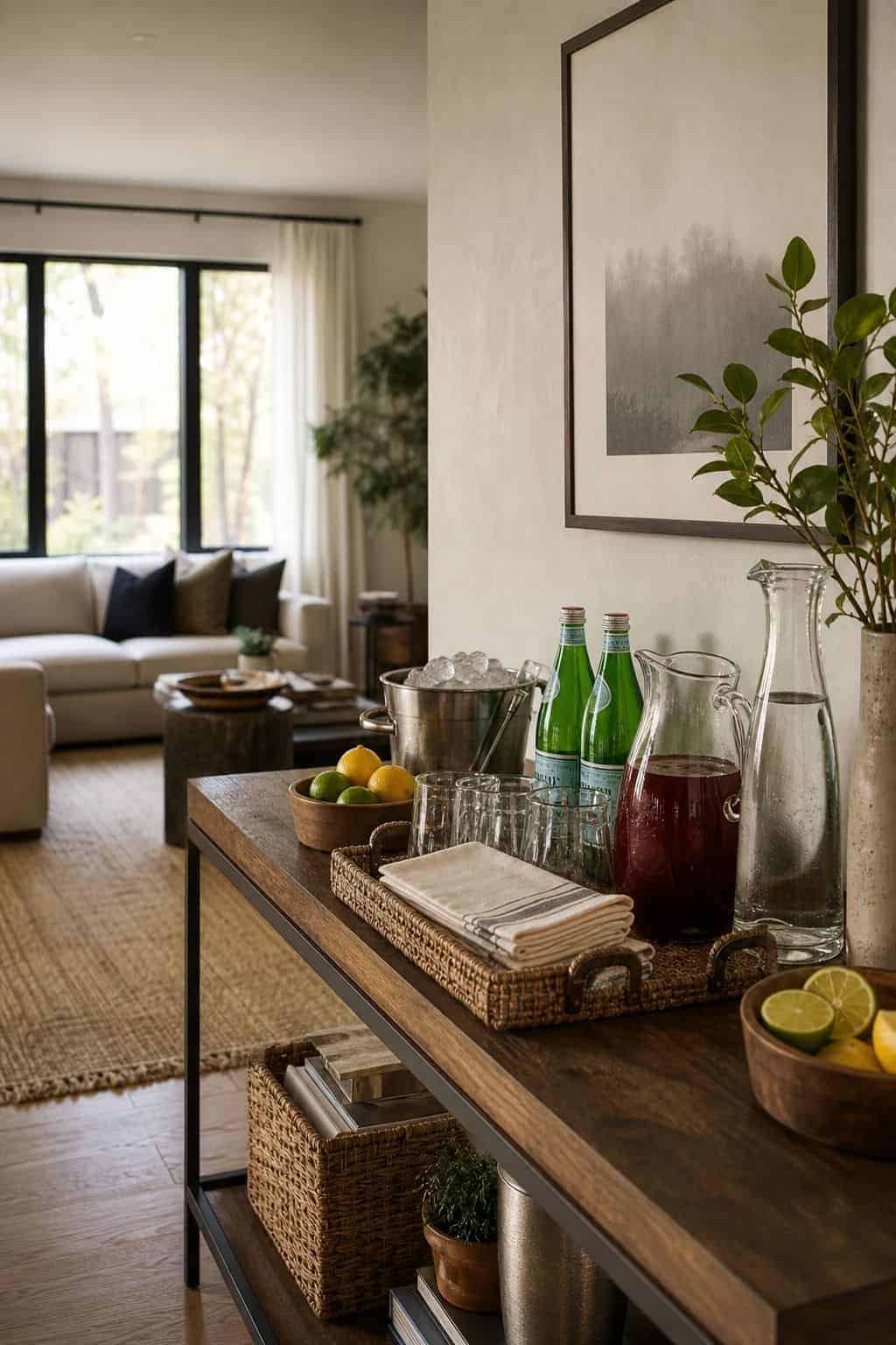 Make a drink station away from the screen shown as a realistic Pretty Wild World image for 16 Super Bowl Home Decor Ideas for a Stylish Game-Day Setup.
