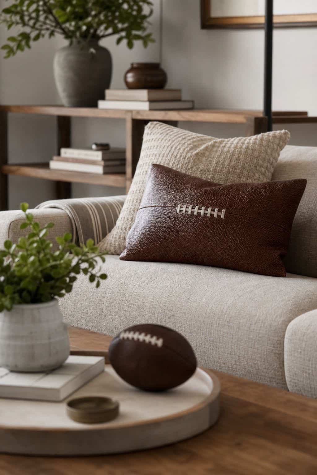 Use football texture sparingly shown as a realistic Pretty Wild World image for 16 Super Bowl Home Decor Ideas for a Stylish Game-Day Setup.
