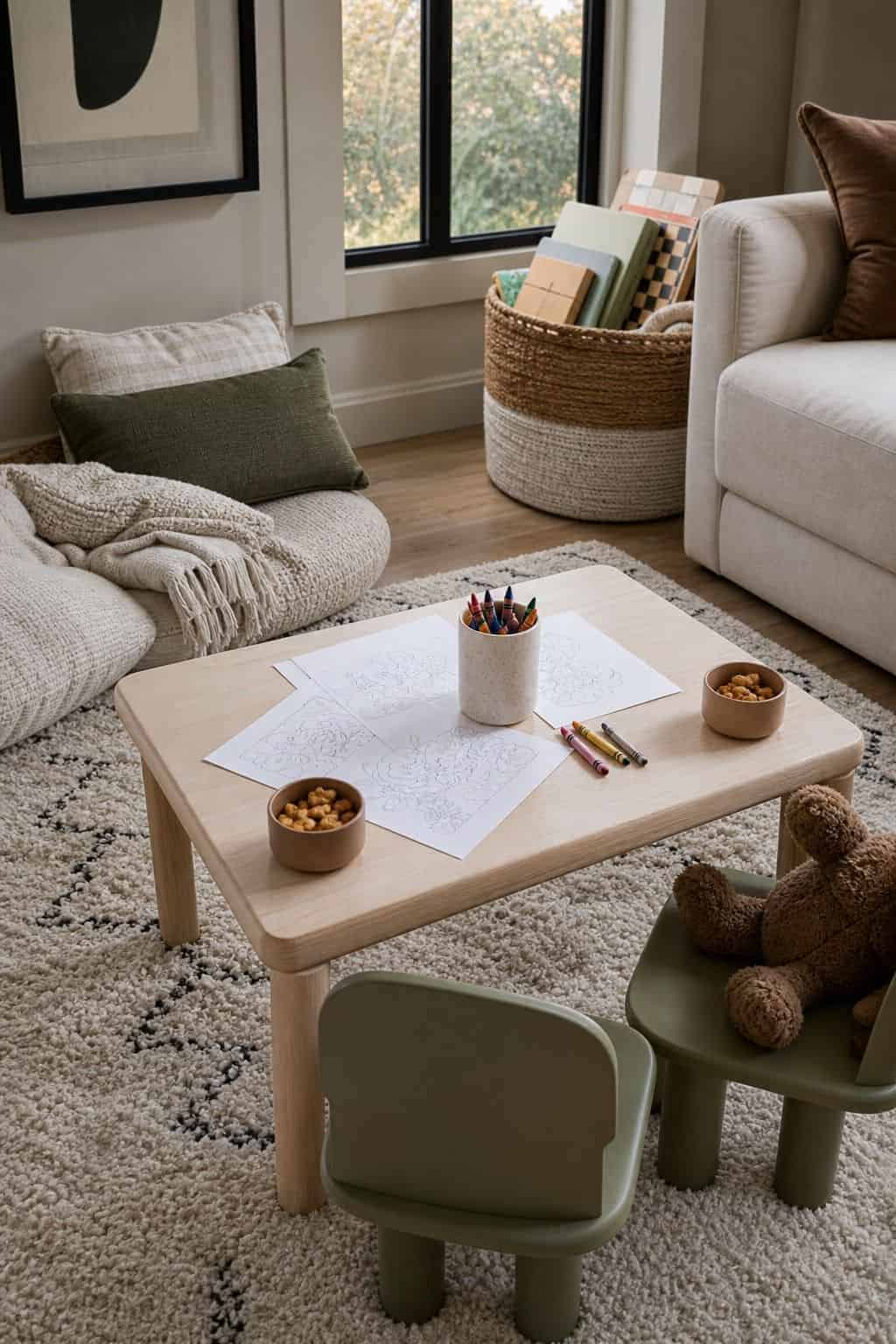 Create a kids activity corner shown as a realistic Pretty Wild World image for 16 Super Bowl Home Decor Ideas for a Stylish Game-Day Setup.