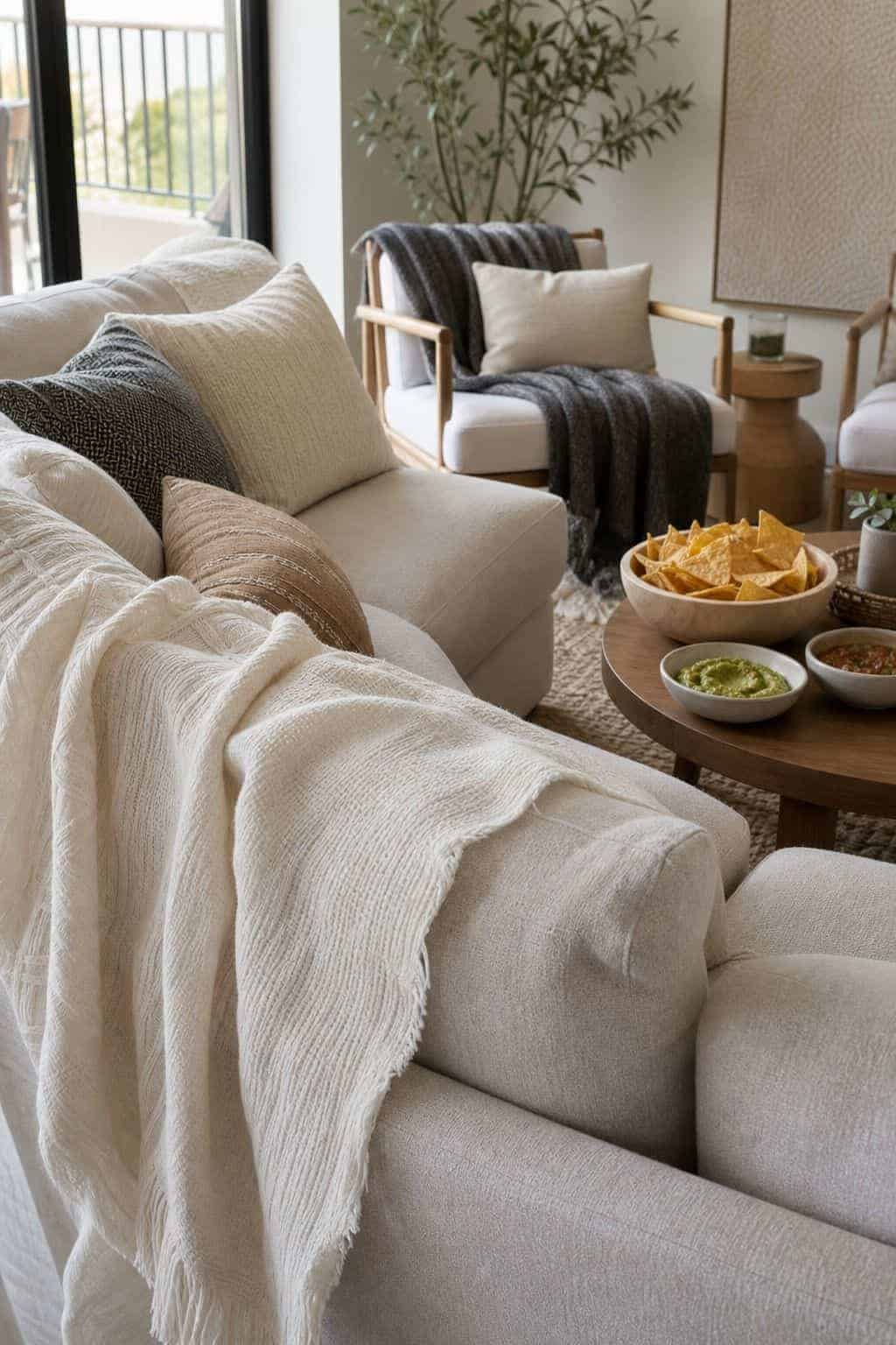 Use washable throws shown as a realistic Pretty Wild World image for 16 Super Bowl Home Decor Ideas for a Stylish Game-Day Setup.
