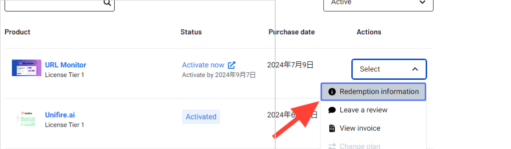 ブログ記事のインデックス登録を瞬時に!URL Monitorの使い方・機能を解説!ブロガー必須の"裏技"ツール 購入した URL Monitorの引き換えを行うためにオプション選ぶ