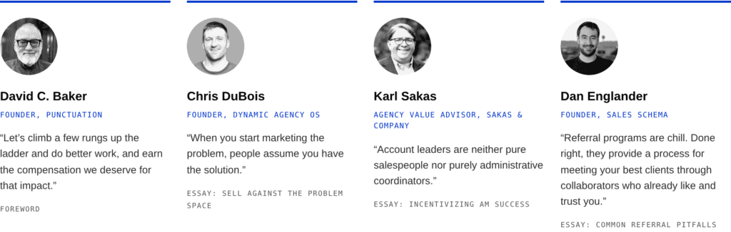 Headshots of the four expert contributors to the 2026 Digital Agency Growth Guide: David C. Baker of Punctuation, who wrote the foreword, Chris DuBois of Dynamic Agency OS, Karl Sakas of Sakas and Company, and Dan Englander of Sales Schema.