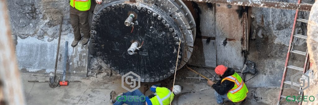 An image showing a close-up of a large circular grouting plug with two ports, surrounded by three construction workers wearing safety vests and hard hats in a deep excavation. Two workers are near the base of the plug, and one is standing to the left, all working on the contact grouting procedure.