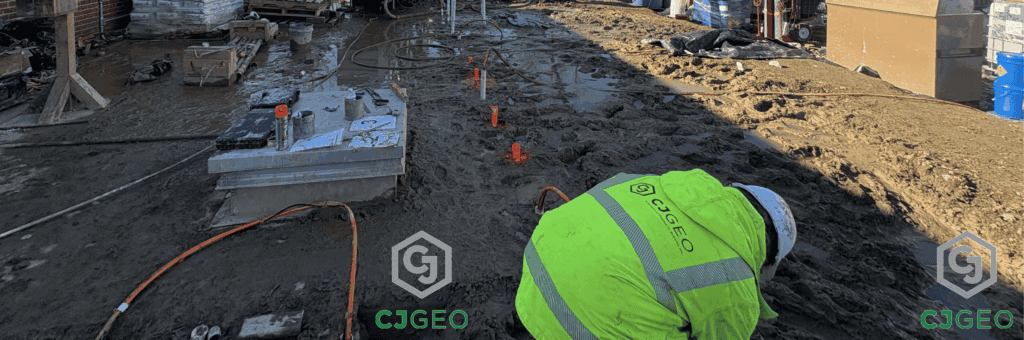 A CJGeo worker leaned over on a muddy jobsite with manchette tubes sticking out of the ground for permeation grouting.