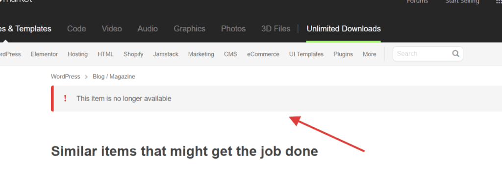ThemeForest(テーマフォレスト)のテーマをおすすめしない理由:海外有料テーマが安いけどね 「この商品はもう入手できません」というメッセージと赤い感嘆符が表示された Web サイト。その後に「この目的にかなう類似商品」というセクションが表示されます。