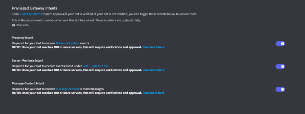 OpenClaw Discord 開発者ポータル設定のスクリーンショット：プレゼンスインテント、サーバーメンバーインテント、メッセージコンテンツインテント。.