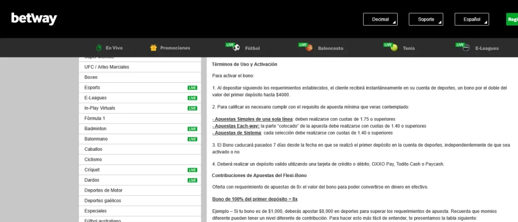 Términos y condiciones del bono Betway México 2025