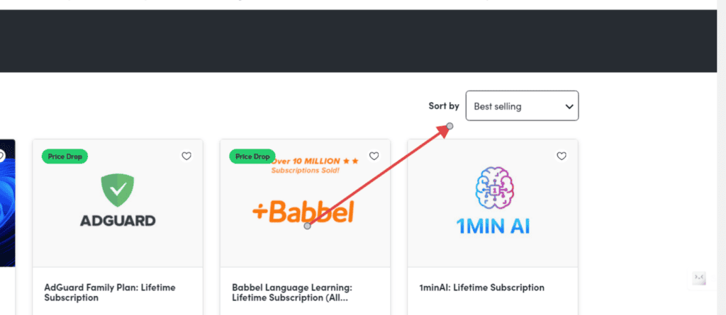 左から右へ、AdGuard Family Plan、Babbel Language Learning、1Min AI の 3 つの製品カードが、上部の「売れ筋で並べ替え」オプションとともに表示されます。今すぐ StackSocial でこれらの魅力的なセールを見つけてください。.