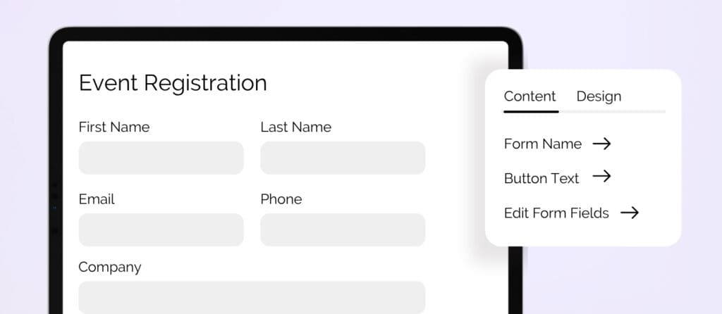 Event registration form design with customizable fields and button text.