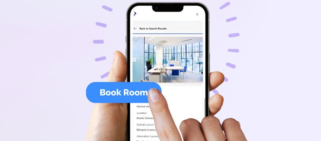 Smartphone displaying KxConferencing booking interface and room search results.
