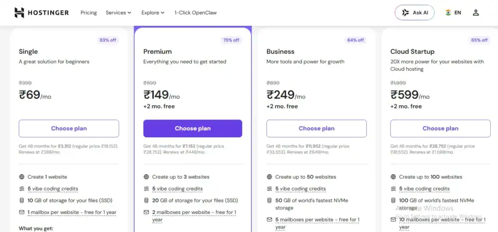 WordPress blog ke liye hosting plan select karte hue user ka dashboard