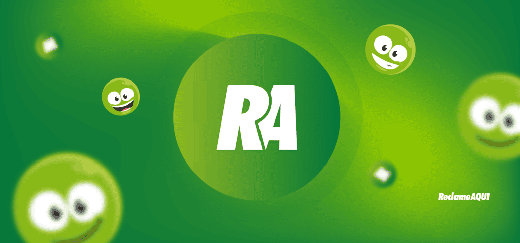 Fundo verde vibrante com um círculo central claro contendo "R4" e várias esferas verdes sorridentes, com "ReclameAQUI" no canto inferior direito.