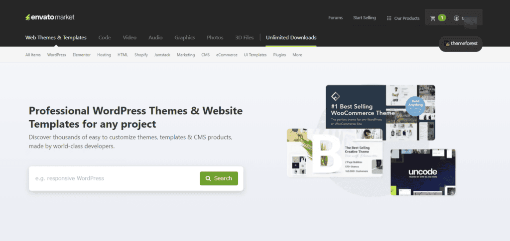 ThemeForest(テーマフォレスト)のテーマをおすすめしない理由:海外有料テーマが安いけどね ダウンロード可能なさまざまな WordPress テーマと Web サイト テンプレートを紹介し、カスタマイズ可能なオプションの検索バーを備えた Envato Market Web サイトのスクリーンショット。