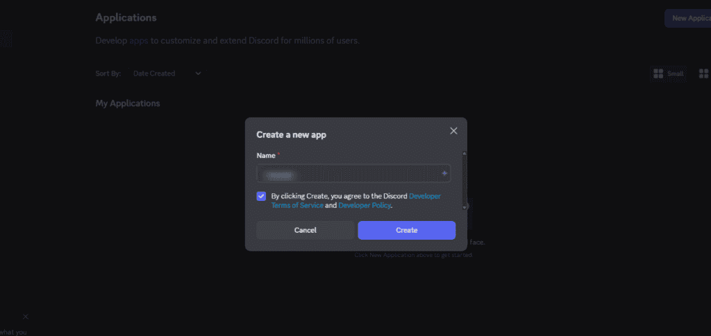 Discordの "Create a new app "と題されたポップアップウィンドウがアプリ名を尋ね、下部に "Cancel "と "Create "ボタンがあり、OpenClawのようなプロジェクトを始めるのに理想的だ。.