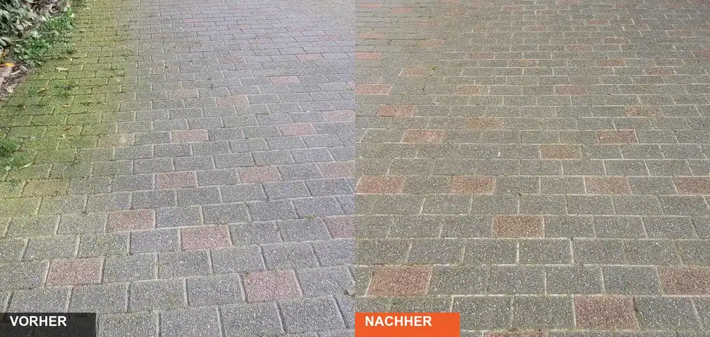 Vorher-Nachher Vergleich einer professionellen Pflasterreinigung: Vermooste Einfahrt im Vergleich zur gründlich gereinigten Pflasterfläche.